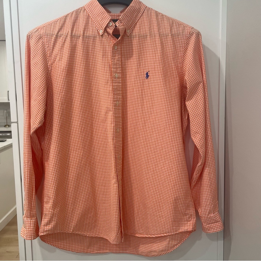 Ralph Lauren Men's XL Orange Gingham Button Down Shirt Classic Navy Pony Cotton